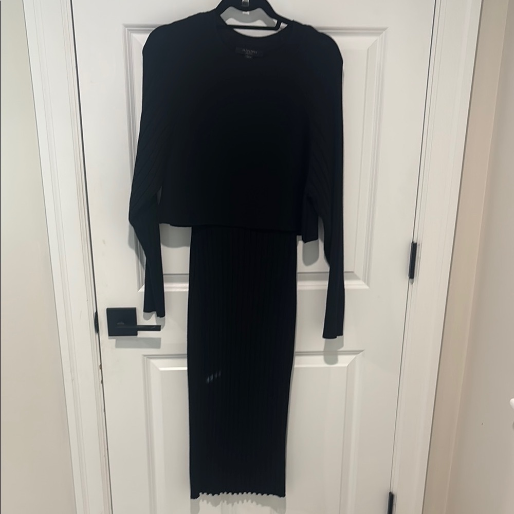 All Saints Black Ribbed Knit Dress with Overlay Top